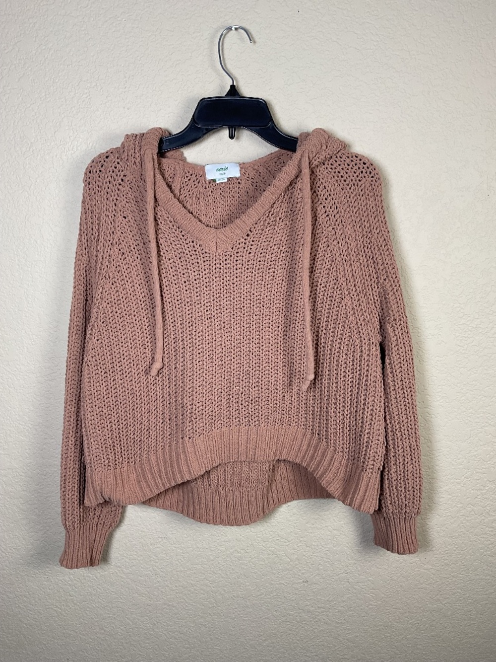 Aerie Womens XS LightBrown Open Knitted Hoodie Sweater V-Neck Casual Fall